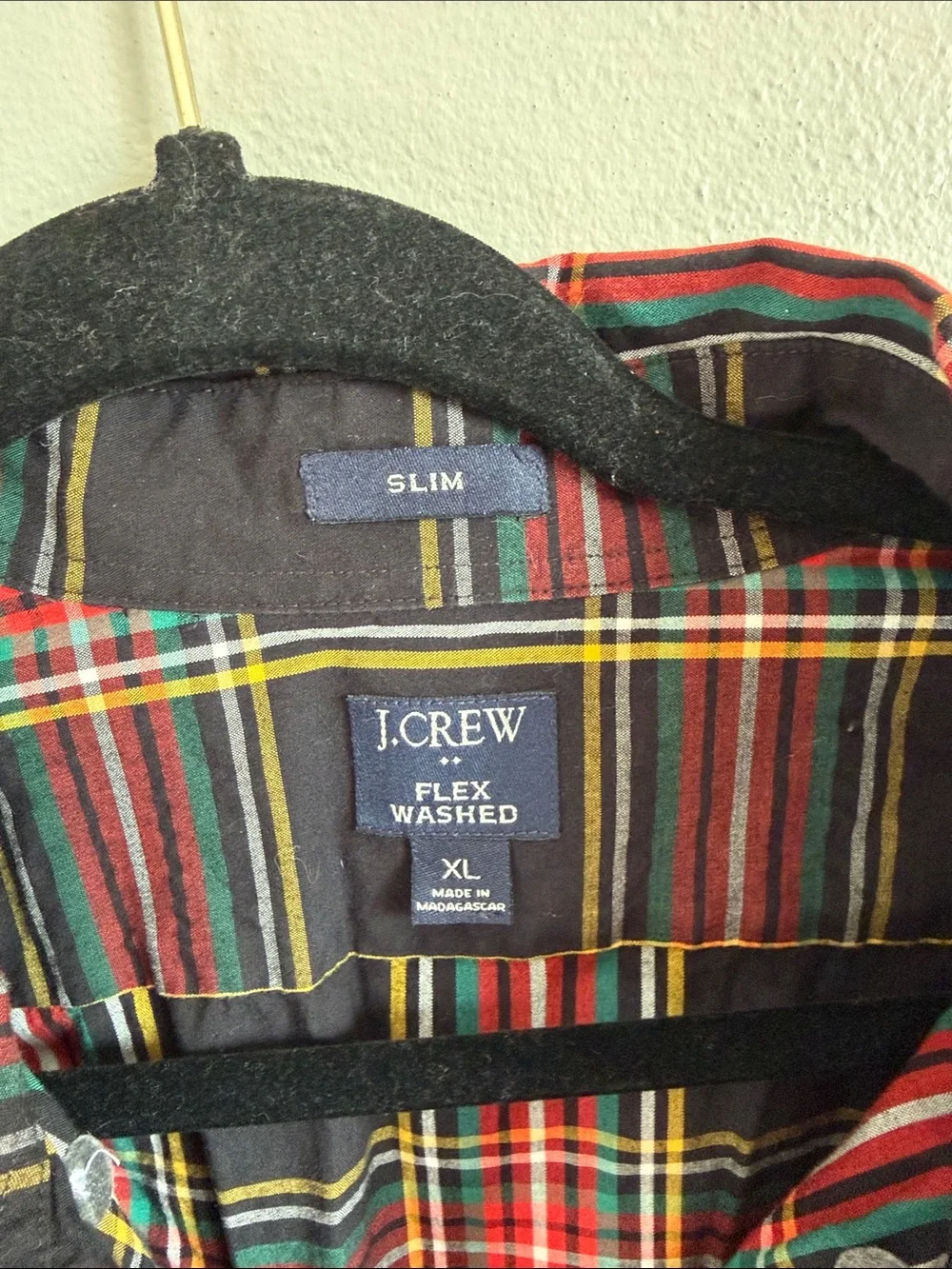 Men’s J. Crew Black Red Yellow Plaid Slim Button-Down Shirt Size XL
